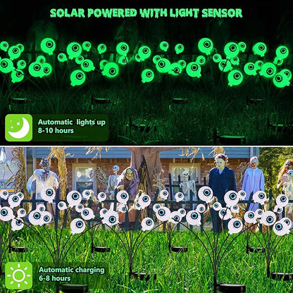 BrizLabs 8 Pack 48 LED Halloween Solar Lights, 2 Modes Outdoor Halloween Eyeball Pathway Lights, Solar Spooky Light Waterproof, Green Swaying Firefly Lighting for Path Yard Garden Lawn