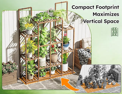 EnHomee Plant Stand Indoor Wood Plant Stand Outdoor Plant Shelf with 14-18 Potted Double Rod Large Plants Holder 440LBS Plants Shelves for Living Room Patio Balcony Yard Garden 44.8''W×11.6''D×47''H