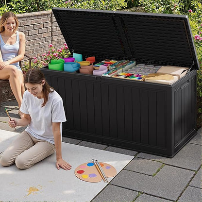 JUMMICO 270 Gallon Outdoor Storage Deck Box with Divider, Double Wall Storage Box with Lockable Lid for Garden Tools, Pools Supplies (Black)