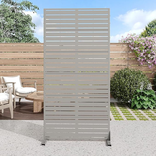Casaphoria Metal Privacy Screen Outdoor, 72" H x 35" W Freestanding Decorative Privacy Screen for Patio Deck Balcony Garden with Stable Base, Grey-Louvered