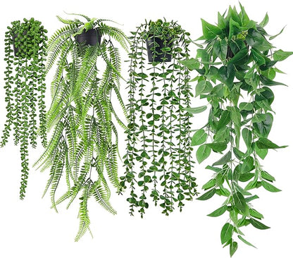 Der Rose 4Pcs Fake Plants Hanging Artificial Ivy Vine Faux Eucalyptus Hanging Plants, Boston Fern, String of Pearls for Living Room Bedroom Boho Wall Shelf Indoor Outdoor Decor