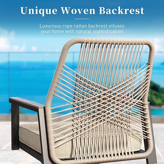 Patio Dining Set 9 Piece, 8 x Woven Rattan Swivel Chairs with Waterproof Cushion, 60" Square Wood-Like Metal Table with Umbrella Hole, Outdoor Table and Chairs Set for Backyard Lawn and Deck, Beige