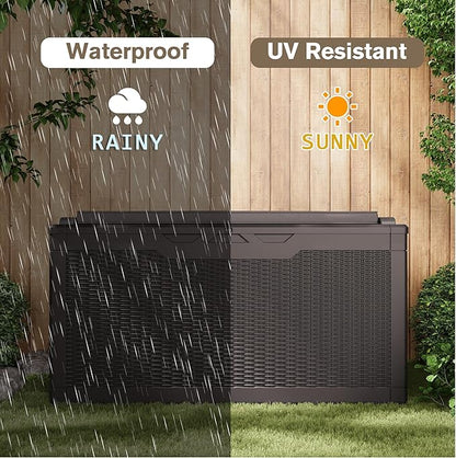 JUMMICO 100 Gallon Resin Deck Box with Cushion, Waterproof Outdoor Storage Box with Lockable Lid for Garden Tools, Patio Cushions (Brown)