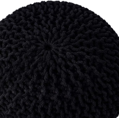 BIRDROCK HOME Round Pouf Ottoman | Cotton Braided Foot Stool with Bean Bag Filling | Boho Foot Rest for Living Room & Bedroom | Compact & Comfortable Seating, Lightweight & Soft | Black