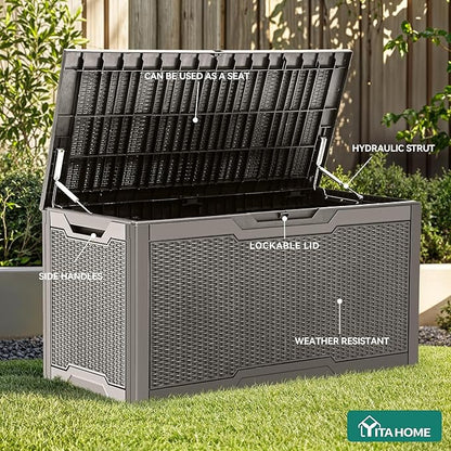 YITAHOME 100 Gallon Resin Deck Box, Weather Resistant Outdoor Storage Box, Lockable Indoor Outdoor Storage for Supplies and Essentials, Taupe