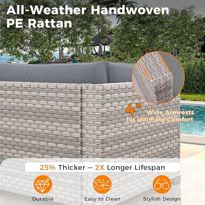 12-Seat Modern Outdoor Wicker Rattan Patio Furniture Set with 55,000 BTU Fire Pit Table, Thick 4″ Cushions, All-Weather Dual-Strand Rattan, Rust-Resistant Steel Frame,Gray