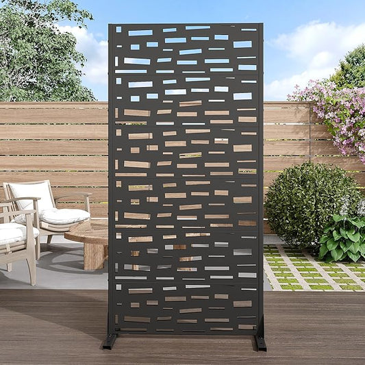 Casaphoria 72" H x 35" W Metal Outdoor Privacy Screen, Freestanding Decorative Divider for Patio, Deck, Balcony, and Garden with Stable Base, Black-Gerald
