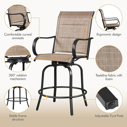 Yaheetech 2 Piece Patio Swivel Bar Stools Texteline Bistro Chairs with High Back/Armrest/Footrest, All Weather Padded Seating Outdoor Furniture Chairs for Outside, Lawn & Garden?Black/Brown