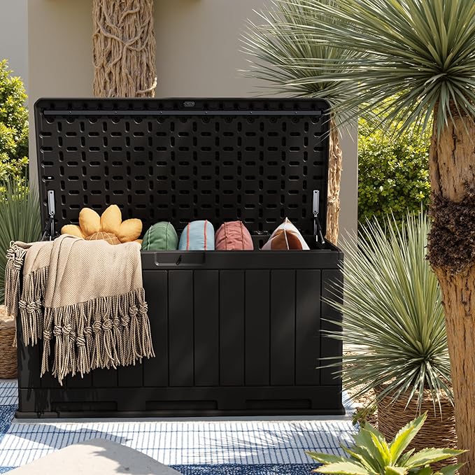 JUMMICO 90 Gallon Waterproof Resin Deck Box, Double Wall Outdoor Storage Box with Lockable Lid for Garden Tools, Patio Cushions, Pools (Black)