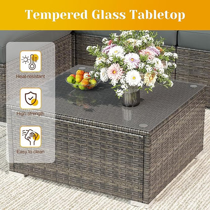 5 Piece Outdoor Patio Sectional Furniture Set, Weather Resistant Rattan Outside Couch, Waterproof Conversation Sofa for Balcony, Porch, Backyard, Deck, Garden, Grey