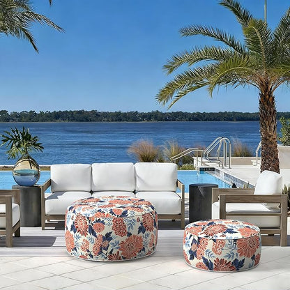 LVTXIII Indoor/Outdoor Inflatable Ottoman with Handle D21 x H9 Inch, Weather-Resistant Round Footstool Pouf for Patio Camping Living Room, Portable Footrest Extra Seating, Vibrant Blossom