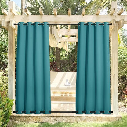 NICETOWN Blackout Top & Bottom Grommet Outdoor Curtains for Patio Waterproof Set of 2, Wind-Break Thermal Outdoor Drapes Cold & Heat Block Keep Privacy for Pergola, Peacock Teal, W52 x L84