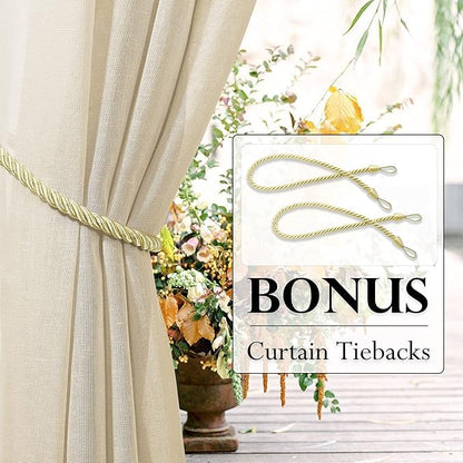 RYB HOME Outdoor Indoor Farmhouse Linen Sheer Curtains - Rustic Semi Sheer Privacy Drapes with Curtain Ropes for Patio Gazebo, 52 inch Wide x 108 inch Long, 2 Panels, Beige