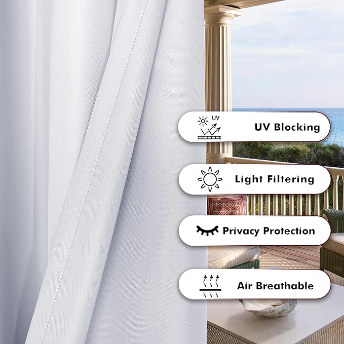 BONZER Waterproof Indoor/Outdoor Curtains for Patio Thick Privacy Wide Grommet Curtains for Bedroom, Living Room, Porch, Pergola, Cabana, 1 Panel, 110W x 120L inch, White