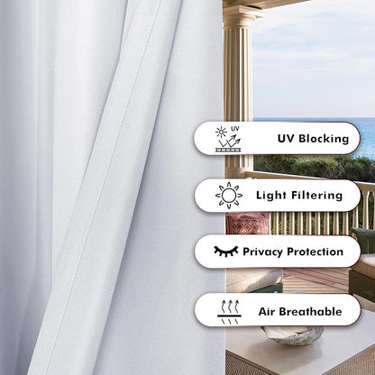 BONZER Waterproof Indoor/Outdoor Curtains for Patio Thick Privacy Extra Wide Grommet Curtains for Bedroom, Living Room, Porch, Pergola, Cabana, 1 Panel, 150W x 95L inch, White