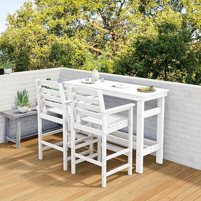 SERWALL Outdoor Bar Set with 9ft Umbrella, All-Weather HDPE Patio Bar Chairs and Table, Outdoor Furniture Set for Poolside, Backyard, Garden - White