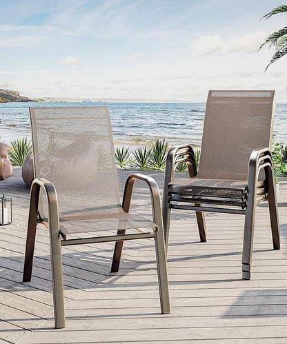 Outdoor Stackable Dining Chairs Set of 4, High-Back Patio Stacking Chairs, Patio Chairs with Textilene Farbic & Metal Frame for Lawn Backyard Deck Garden,Brown