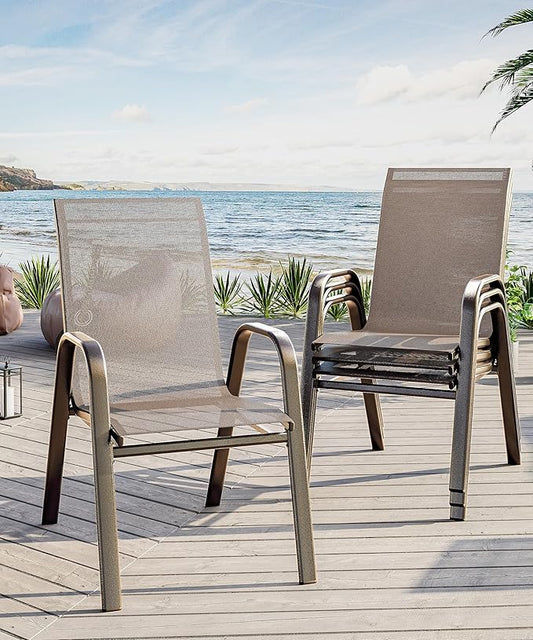 Outdoor Stackable Dining Chairs Set of 4, High-Back Patio Stacking Chairs, Patio Chairs with Textilene Farbic & Metal Frame for Lawn Backyard Deck Garden,Brown