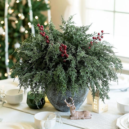 Cedar Stems Artificial Norfolk Pine Branches for Christmas Decor, 12 PCS Fake Pine Stems with 3 PCS Red Berries Branches Realistic Fake Plants Faux Greenery for Vases DIY Garland Xmas Table Indoor