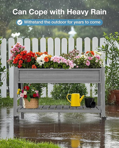 YEFU Raised Garden Bed with Legs: 57x18x30in Weight Capacity 400lb - Waterproof Raised Planter Box with Wheels - Elevated Garden Bed with Storage Shelf - Weather Resistant - for Deck/Patio/Porch/Grey