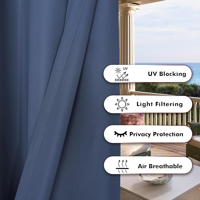 BONZER Waterproof Outdoor Curtains for Patio Porch Pergola Cabana Thick Privacy Extra Wide Grommet Indoor Curtains for Bedroom Living Room, 1 Panel, 150W x 84L inch, Navy