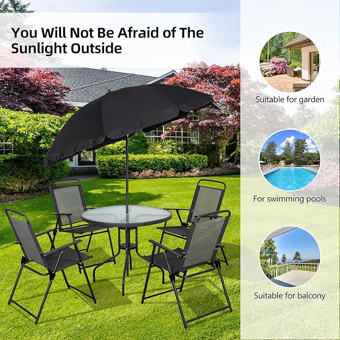 Vongrasig 6 Piece Folding Patio Dining Set,Small Metal Outdoor Garden Patio Table and Chair Set w/Umbrella for Lawn,Deck,Backyard,Black
