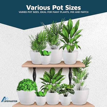 Lifemaster Eco Friendly Plant Pot Set -20-Pack Home Decor Flower Indoor and Outdoor Plastic Pots with Drainage Holes, Assorted Sizes (7", 6.6", 6", 5.3", 4.8") - Stackable Garden Versatile Planters