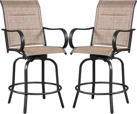 Yaheetech 2 Piece Patio Swivel Bar Stools Texteline Bistro Chairs with High Back/Armrest/Footrest, All Weather Padded Seating Outdoor Furniture Chairs for Outside, Lawn & Garden?Black/Brown