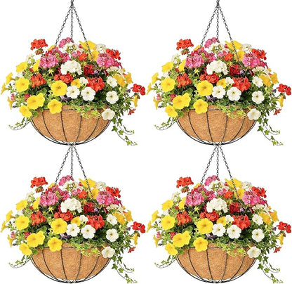 4 Pack 16 Inch Hanging Planters Outdoor Metal Hanging Flower Baskets with Coco Fiber Liners Chain Round Wire Plant Holder Hanging Flower Pots (Watermelon)