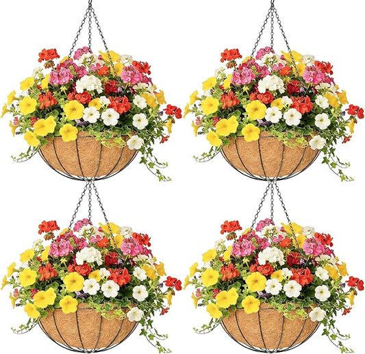 4 Pack 16 Inch Hanging Planters Outdoor Metal Hanging Flower Baskets with Coco Fiber Liners Chain Round Wire Plant Holder Hanging Flower Pots (Watermelon)