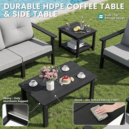 6-Piece HDPE Patio Furniture Set, Outdoor Sectional Sofa Set,All Weather Outdoor Couch with Dust-Free Cushions, Durable Patio Conversation Sets for Balcony, Porch, Black