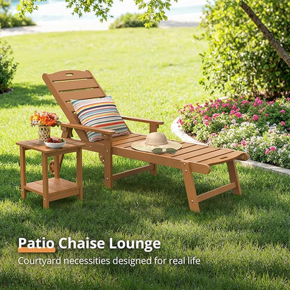 LUE BONA Chaise Lounge Chair with Table, 6-Piece, HDPS Chaise Lounger, 5 Positions Adjustable Lounge Chairs, Pool Lounge Chair with Wheels for Poolside, Backyard, Teak Color