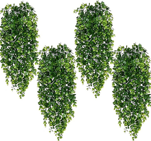 Waipfaru 4Pcs Fake Hanging Plants 2.7ft Fake Plants Eucalyptus Leaves UV Resistant Fake Vines Ivy Artificial Plants Outdoor Faux Plants Indoor Bedroom Living Room Boho Wall Porch Shelf Decor