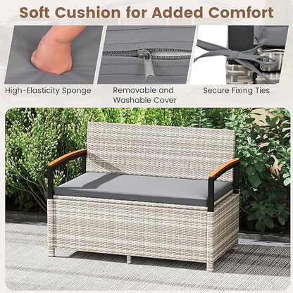 Tangkula 46 Gallon Outdoor Bench with Storage, Outdoor PE Rattan Storage Bench with Cushion, Backrest & Acacia Wood Armrests, Metal Frame, Waterproof Deck Box Seat for Porch Backyard Poolside