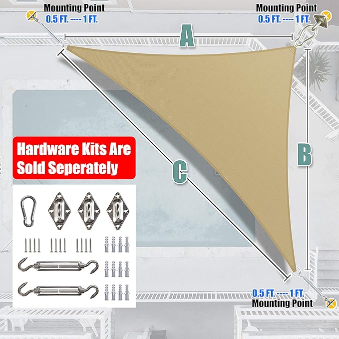 Amgo Custom Size 11' x 16' x 19.4' Sand Beige Right Triangle Sun Shade Sail Order to Make Canopy Awning UPF50+ AGSLT, 95% UV Blockage, Water & Air Permeable, 200GSM Commercial Standard (We Customize)