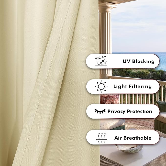 BONZER Waterproof Indoor/Outdoor Curtains for Patio Thick Privacy Grommet Curtains for Bedroom, Living Room, Porch, Pergola, Cabana, 1 Panel, 84W x 95L inch, Cream