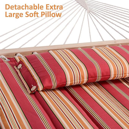 SUNCREAT Outdoor Hammock with Stand, Two Person Quilted Fabric Hammock Swing with 12ft Steel Stand, Red Stripes