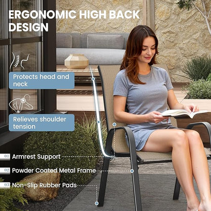 Patio Dining Chairs Set of 4, Outdoor High Stacking Chairs for All Weather, Breathable Seat Fabric and Alloy Steel Frame for Backyard, Porch, Garden (Brown)