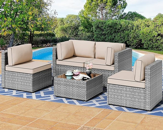 Shintenchi 5 Pieces Outdoor Patio Furniture Sets, Patio Sectional Sofa Couch, Gray PE Wicker Furniture Modular Patio Conversation Sets Patio Sofa with Washable Cushions & Table（Khaki）