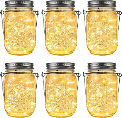 GIGALUMI Hanging Mason Jar Solar Lights, 6 Pack 30 Led Tinplate Lids Hanging Solar Lanterns Outdoor Waterproof, Hangers and Jars Included, Outdoor Decor for Balcony, Garden, Patio, Yard, Wedding