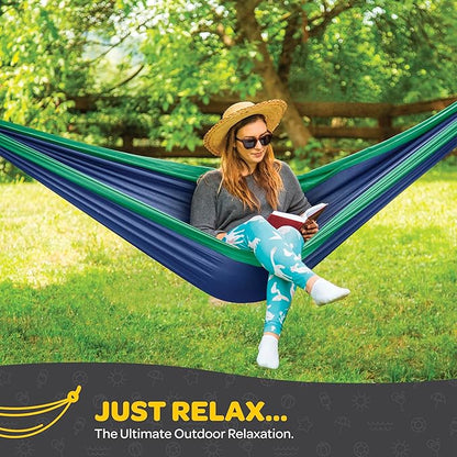 Durable Hammock 400 lb Capacity, Nylon Camping Hammock Chair - Double or Single Sizes w/Tree Straps and Attached Carry Bag - for Travel/Backpacking/Beach/Backyard (Medium, Dark Blue & Forest Green)