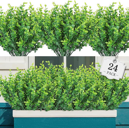 AGIRL 24 Bundles Fake Plants Greenery Stems,Artificial Plants for Outdoor,No Fade Faux Plastic Plants for Hanging Indoor,St Patricks Day Decoration Garden Porch Window Box Home Wedding Farmhouse