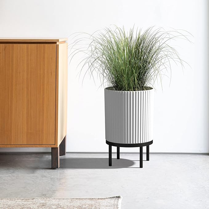 Veradek Demi Series Round Planter w/Stand for Porch/Patio | Durable Plastic-Stone Composite & Wooden Stand | Modern Décor for Tall Plants, Flowers