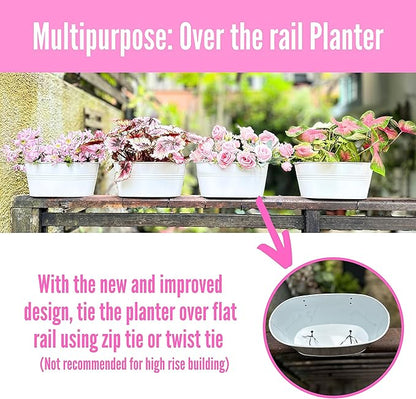 LaLaGreen Outdoor Rail Planter (2 Pack, 11.8 Inch) Metal Iron Hanging Flower Pot Deck Railings White Fence Bucket Modern Countryside Boho Style Wall Mount Window Box Plant Holder Hooks Porch Decor