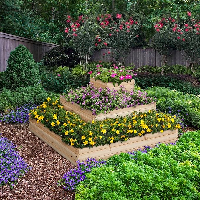 Yaheetech 3 Tier Wooden Raised Garden Bed 44.5'' L×44.5″ W×20.5″ H, 2 PCS Horticulture Open-Bottom Planter Raised Garden Bed for Flowers/Herbs/Vegetables Planter Flower Box
