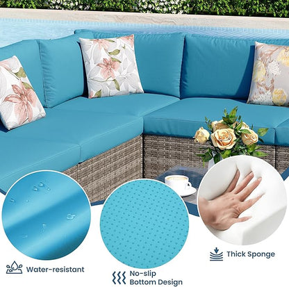 8 Pieces Outdoor Patio Furniture Set with 43" Fire Pit Table, Wicker Outdoor Patio Sectional Sofas with Coffee Table and Cushions, All-Weather Patio Conversation Set for Garden Backyard, Light Blue