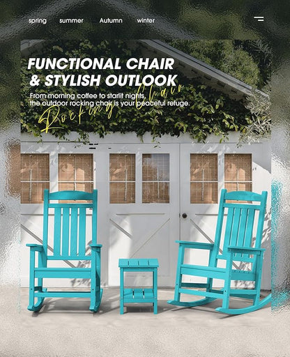 KINGYES Outdoor Rocking Chair Set of 2, High Density Polyethylene Patio Rocking Chairs with 330lbs Support for Adults, Aruba Blue