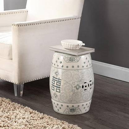 JONATHAN Y TBL1013C Double Happiness 18" Chinoiserie Ceramic Drum Indoor/Outdoor Garden Stool Bohemian, Coastal, Classic, Cottage, Traditional, Patio, Garden, Bathroom, Living Room, Gray Blue/White
