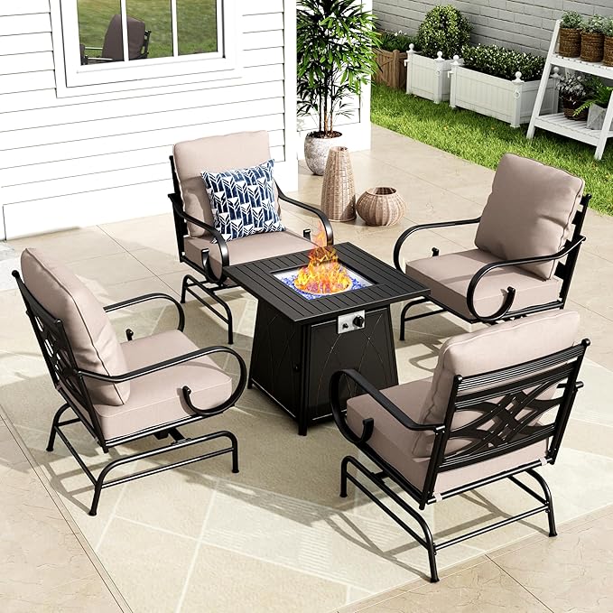 MFSTUDIO 5 Pieces Large Patio Sofa Conversation Set with 28 Inch Propane Fire Pit Table, Metal Outdoor Sectional Furniture with Thick Cushion Motion Chairs Gas Fire Pit
