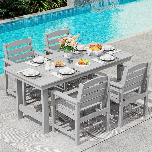 SERWALL Patio Dining Table Sets 5-Piece, Outdoor HDPE Dining Furniture Set with Umbrella Hole Cut-Out Table and 4 Chairs, All Weather Dining Set for Lawn, Garden, Backyard, Poolside, Light Gray